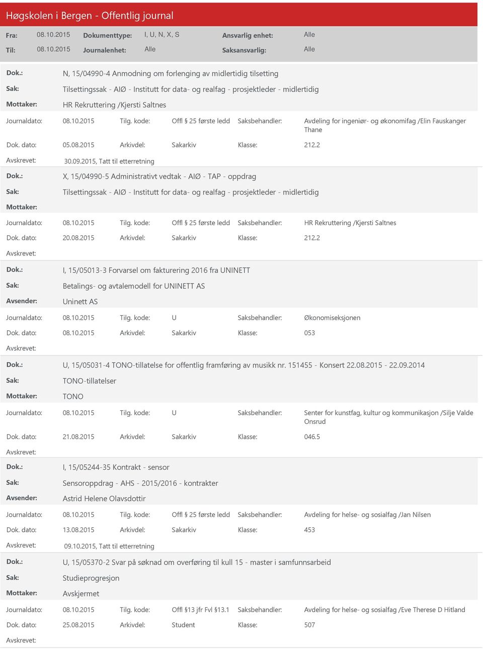 2015, Tatt til etterretning X, 15/04990-5 Administrativt vedtak - AIØ - TAP - oppdrag Tilsettingssak - AIØ - Institutt for data- og realfag - prosjektleder - midlertidig Dok. dato: 20.08.