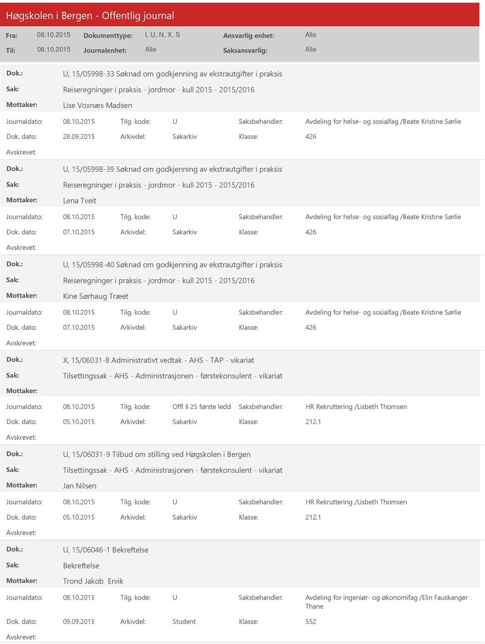 2015 Arkivdel: Sakarkiv, 15/05998-39 Søknad om godkjenning av ekstrautgifter i praksis Reiseregninger i praksis - jordmor - kull 2015-2015/2016 Lena Tveit Avdeling for helse- og sosialfag /Beate