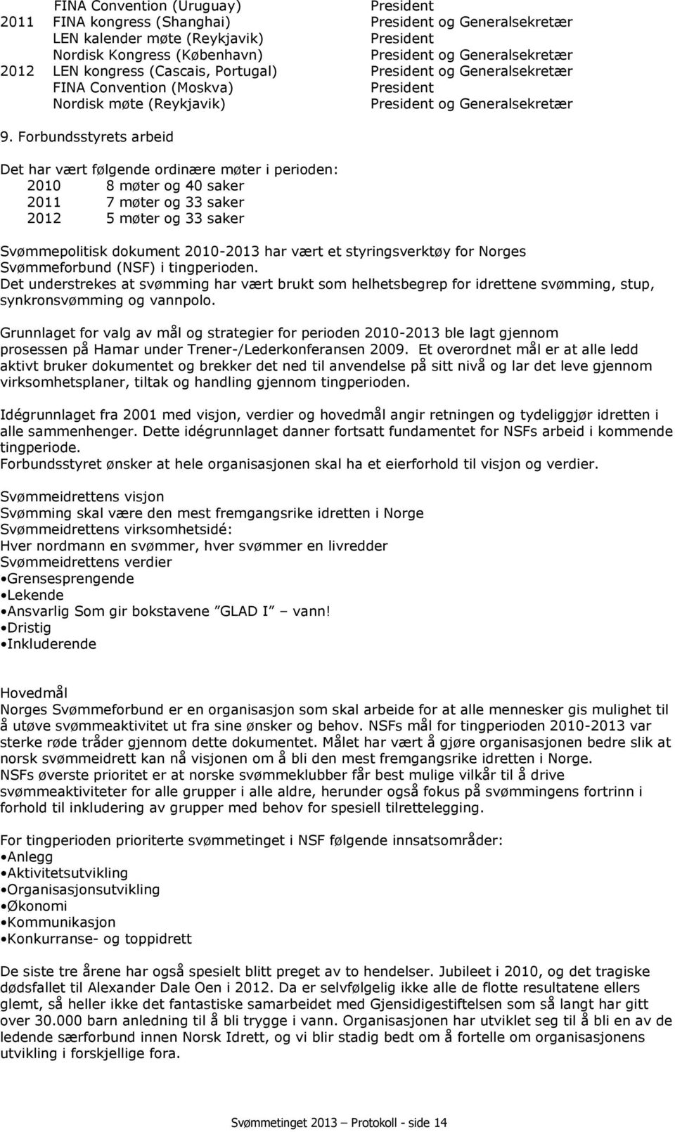 Forbundsstyrets arbeid Det har vært følgende ordinære møter i perioden: 2010 8 møter og 40 saker 2011 7 møter og 33 saker 2012 5 møter og 33 saker Svømmepolitisk dokument 2010-2013 har vært et