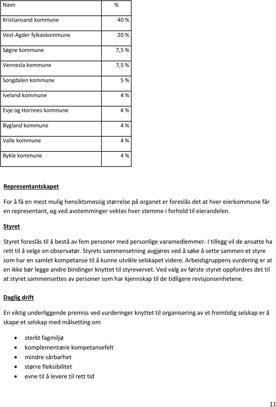 hver stemme i forhold til eierandelen. Styret Styret foreslås til å bestå av fem personer med personlige varamedlemmer. I tillegg vil de ansatte ha rett til å velge en observatør.