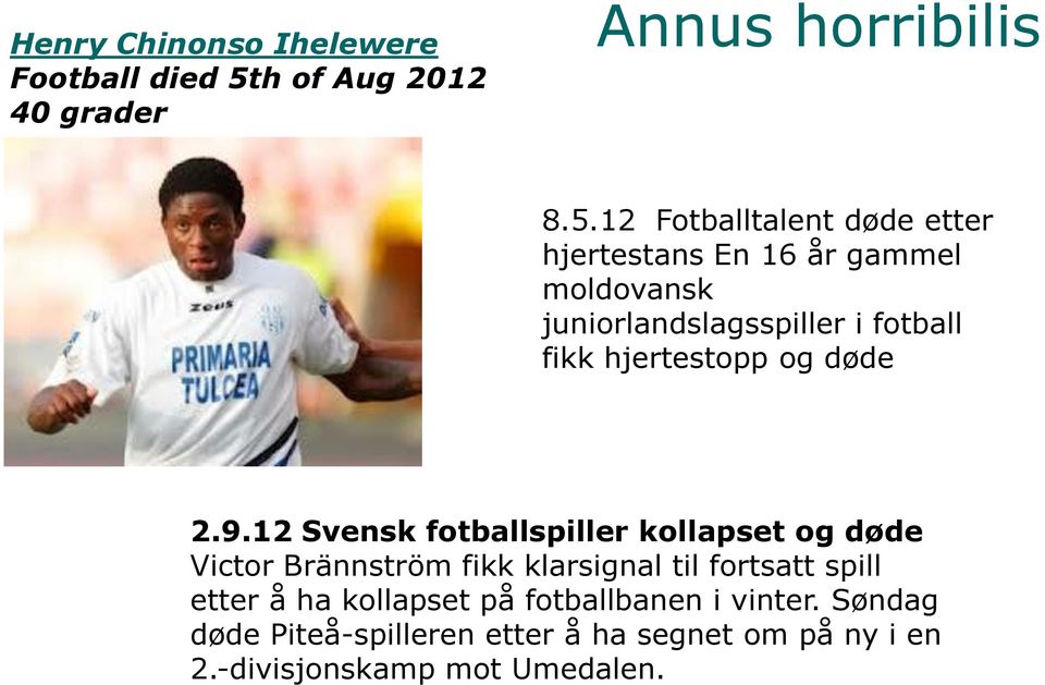 12 Fotballtalent døde etter hjertestans En 16 år gammel moldovansk juniorlandslagsspiller i fotball fikk