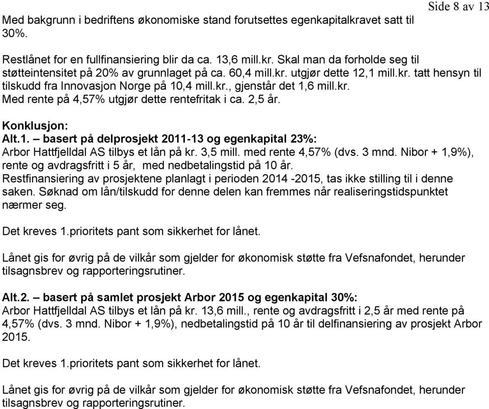 Konklusjon: Alt.1. basert på delprosjekt 2011-13 og egenkapital 23%: Arbor Hattfjelldal AS tilbys et lån på kr. 3,5 mill. med rente 4,57% (dvs. 3 mnd.