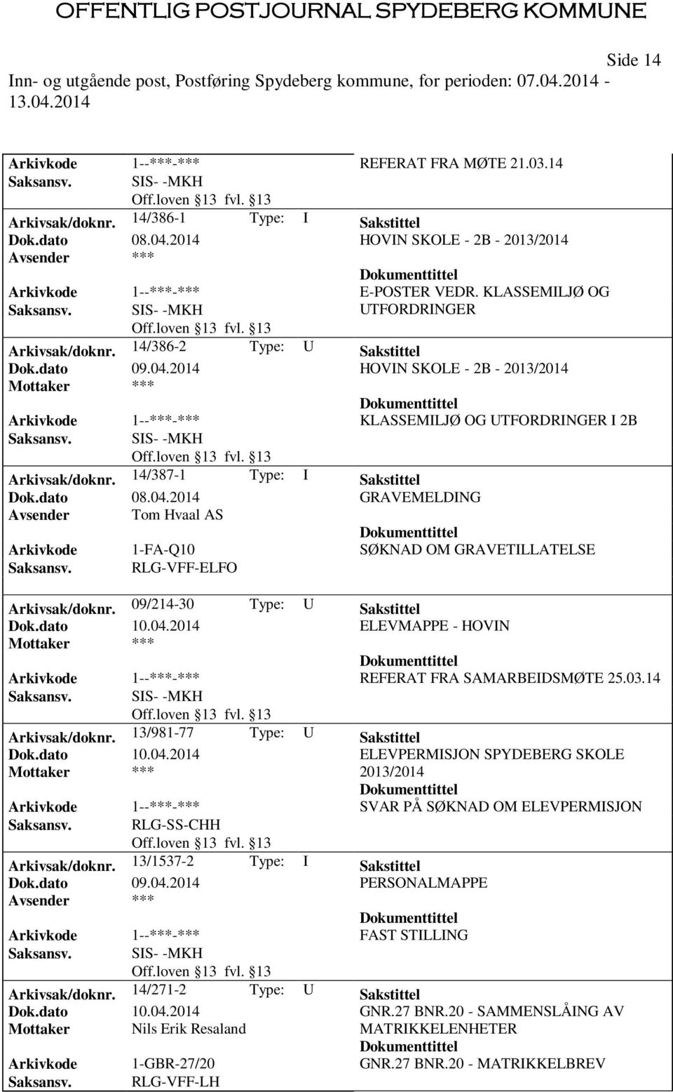 14/387-1 Type: I Sakstittel Dok.dato 08.04.2014 GRAVEMELDING Avsender Tom Hvaal AS 1-FA-Q10 SØKNAD OM GRAVETILLATELSE RLG-VFF-ELFO Arkivsak/doknr. 09/214-30 Type: U Sakstittel Dok.dato 10.04.2014 ELEVMAPPE - HOVIN 1--***-*** REFERAT FRA SAMARBEIDSMØTE 25.