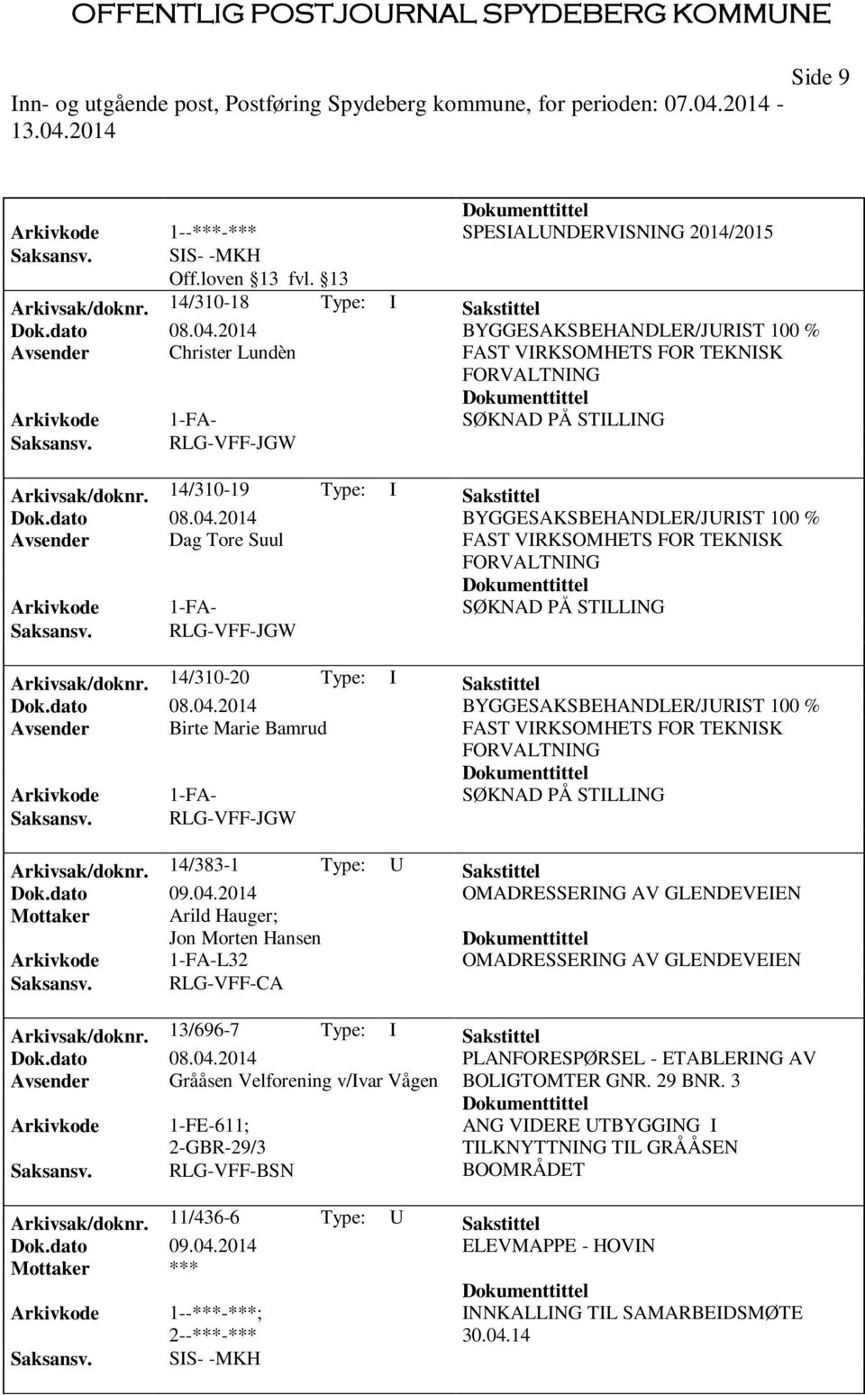 2014 BYGGESAKSBEHANDLER/JURIST 100 % Avsender Dag Tore Suul FAST VIRKSOMHETS FOR TEKNISK FORVALTNING 1-FA- SØKNAD PÅ STILLING Arkivsak/doknr. 14/310-20 Type: I Sakstittel Dok.dato 08.04.