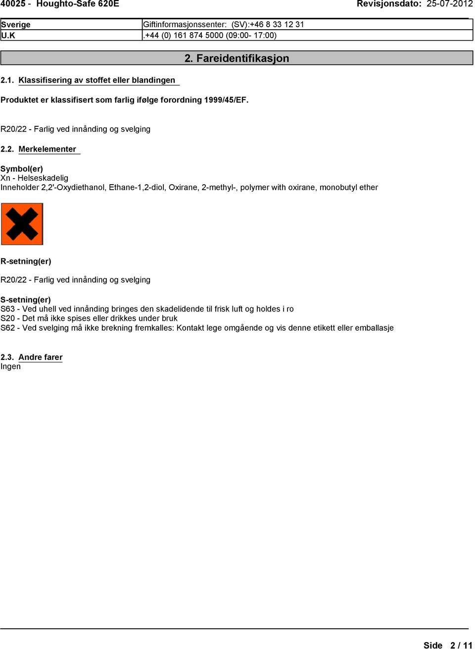 /22 Farlig ved innånding og svelging 2.2. Merkelementer Symbol(er) Xn Helseskadelig Inneholder 2,2'Oxydiethanol, Ethane1,2diol, Oxirane, 2methyl, polymer with oxirane, monobutyl ether Rsetning(er)