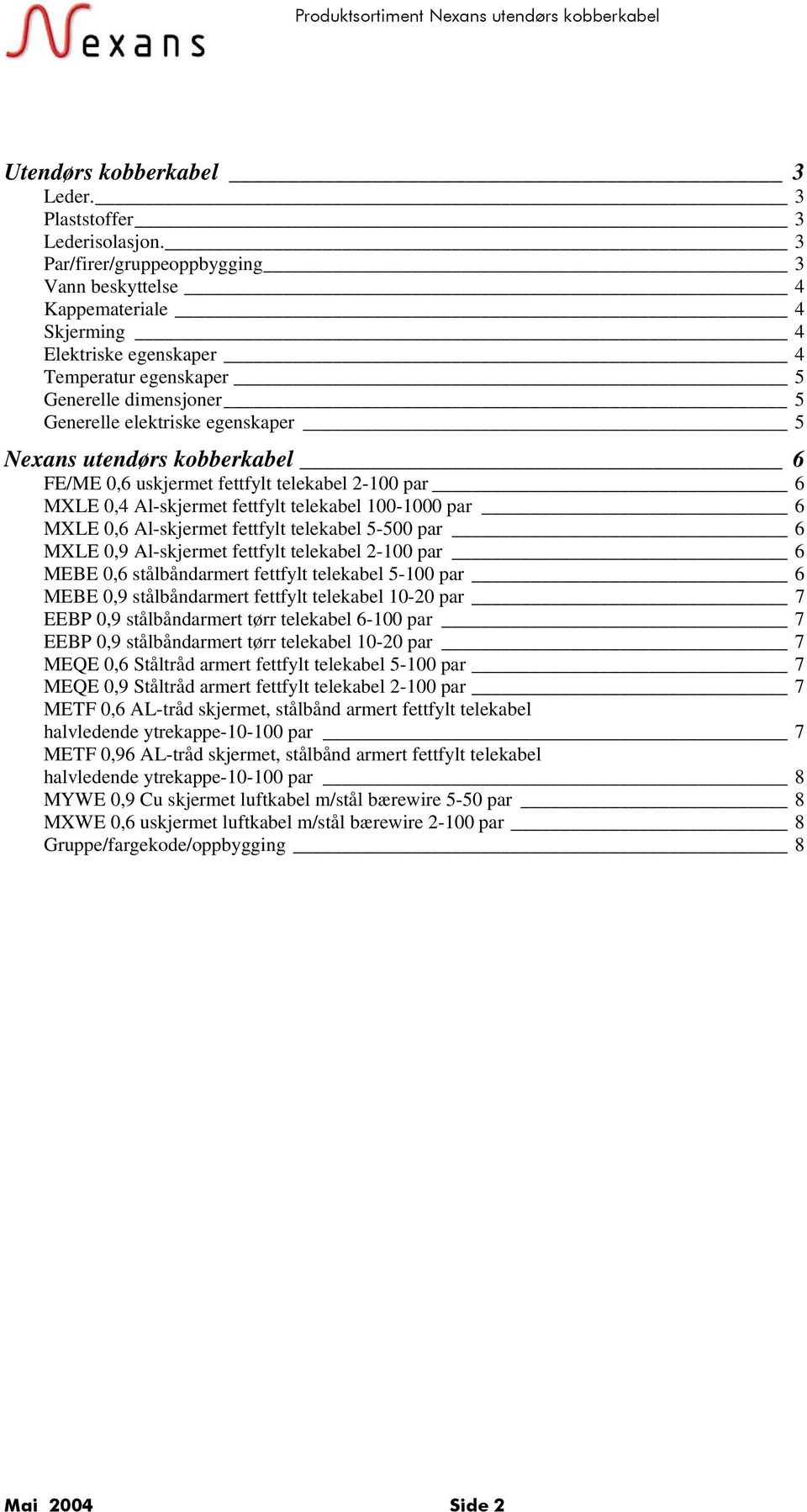 utendørs kobberkabel 6 FE/ME 0,6 uskjermet fettfylt telekabel 2-100 par 6 MXLE 0,4 Al-skjermet fettfylt telekabel 100-1000 par 6 MXLE 0,6 Al-skjermet fettfylt telekabel 5-500 par 6 MXLE 0,9