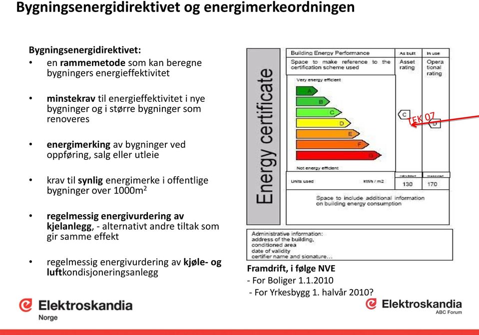 krav til synlig energimerke i offentlige bygninger over 1000m 2 regelmessig energivurdering av kjelanlegg, - alternativt andre tiltak som gir