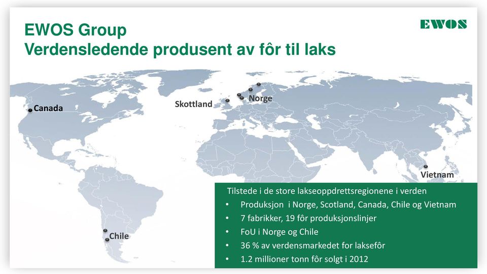 Norge, Scotland, Canada, Chile og Vietnam 7 fabrikker, 19 fôr produksjonslinjer