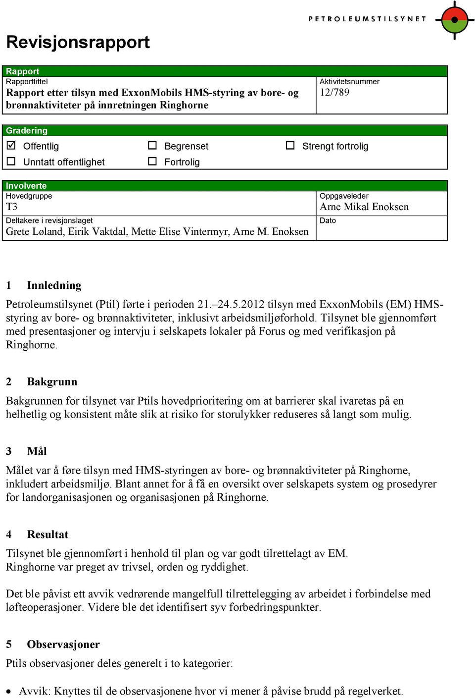 Enoksen Oppgaveleder Arne Mikal Enoksen Dato 1 Innledning Petroleumstilsynet (Ptil) førte i perioden 21. 24.5.