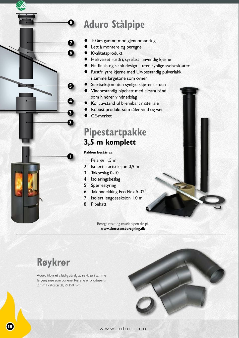 avstand til brennbart materiale Robust produkt som tåler vind og vær CE-merket Pipestartpakke 3,5 m komplett Pakken består av: 1 Peisrør 1,5 m 2 Isolert startseksjon 0,9 m 3 Takbeslag 0-10 4