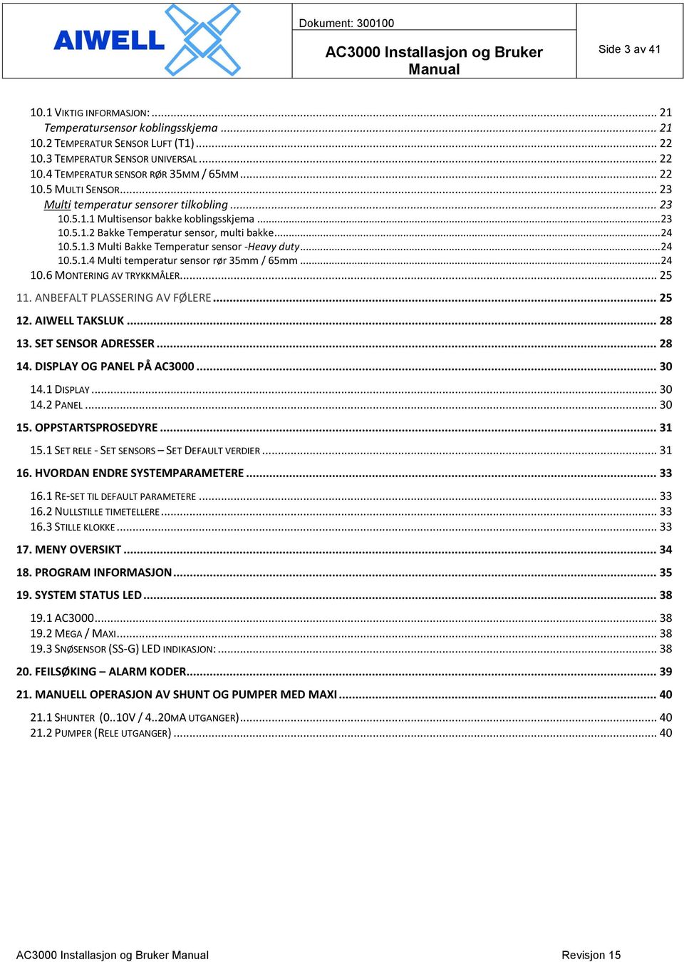 .. 24 10.5.1.4 Multi temperatur sensor rør 35mm / 65mm... 24 10.6 MONTERING AV TRYKKMÅLER... 25 11. ANBEFALT PLASSERING AV FØLERE... 25 12. AIWELL TAKSLUK... 28 13. SET SENSOR ADRESSER... 28 14.