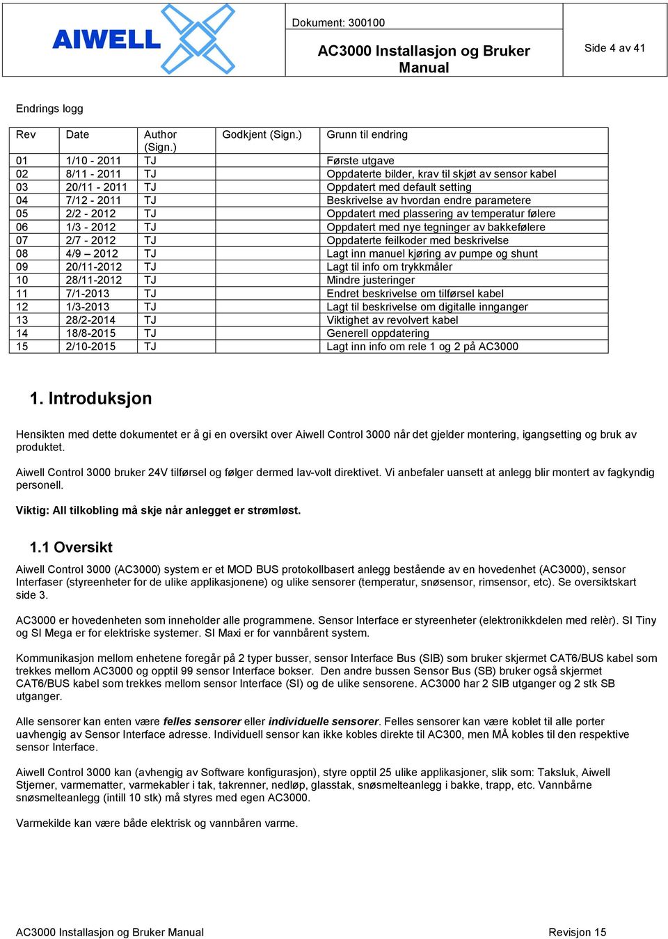 parametere 05 2/2-2012 TJ Oppdatert med plassering av temperatur følere 06 1/3-2012 TJ Oppdatert med nye tegninger av bakkefølere 07 2/7-2012 TJ Oppdaterte feilkoder med beskrivelse 08 4/9 2012 TJ