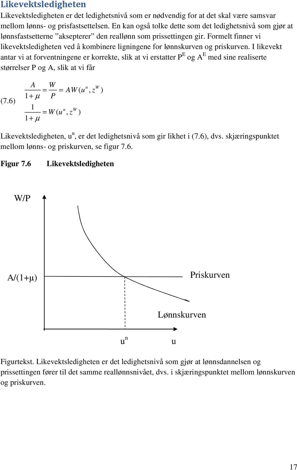 Formelt finner vi likevektsledigheten ved å kombinere ligningene for lønnskurven og priskurven.