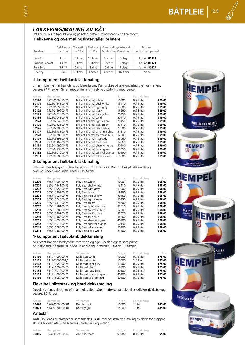 liter v/ 20 o c v/ 10 o c Minimum Maksimum v/ bruk av pensel Farvolin 11 m 2 8 timer 16 timer 8 timer 5 døgn Art. nr. 80121 Brilliant Enamel 13 m 2 5 timer 10 timer 8 timer 3 døgn Art. nr. 80121 Poly Best 15 m 2 6 timer 12 timer 16 timer 5 døgn Art.