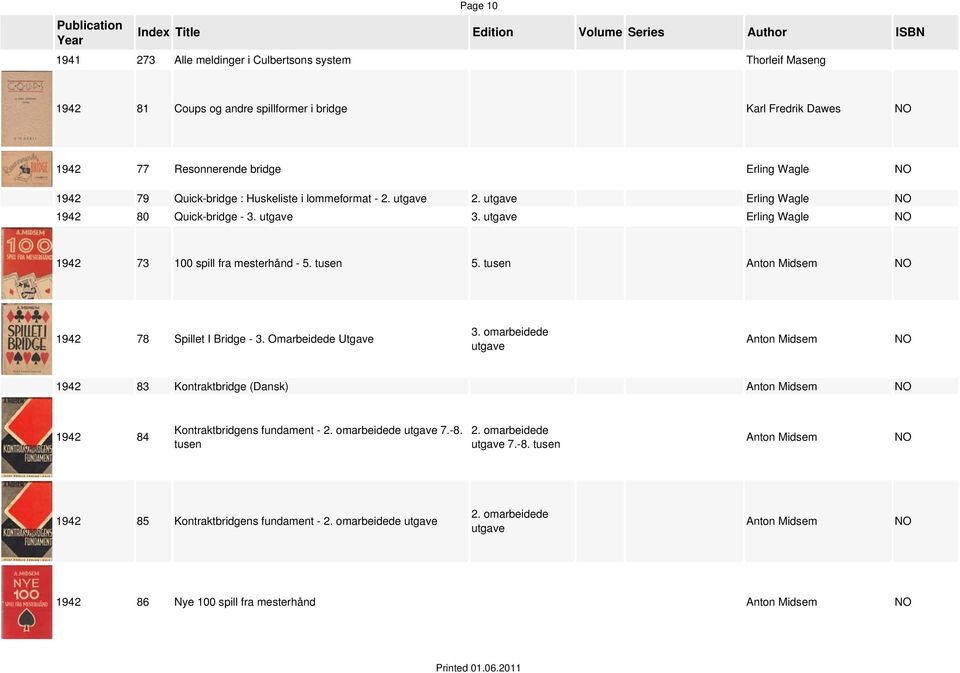 utgave Erling Wagle 1942 73 100 spill fra mesterhånd - 5. tusen 5. tusen 1942 78 Spillet I Bridge - 3. Omarbeidede Utgave 3.