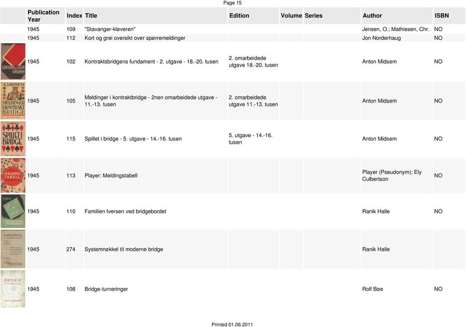 tusen 2. omarbeidede utgave 18.-20. tusen 1945 105 Meldinger i kontraktbridge - 2nen omarbeidede utgave - 11.-13. tusen 2. omarbeidede utgave 11.-13. tusen 1945 115 Spillet i bridge - 5.