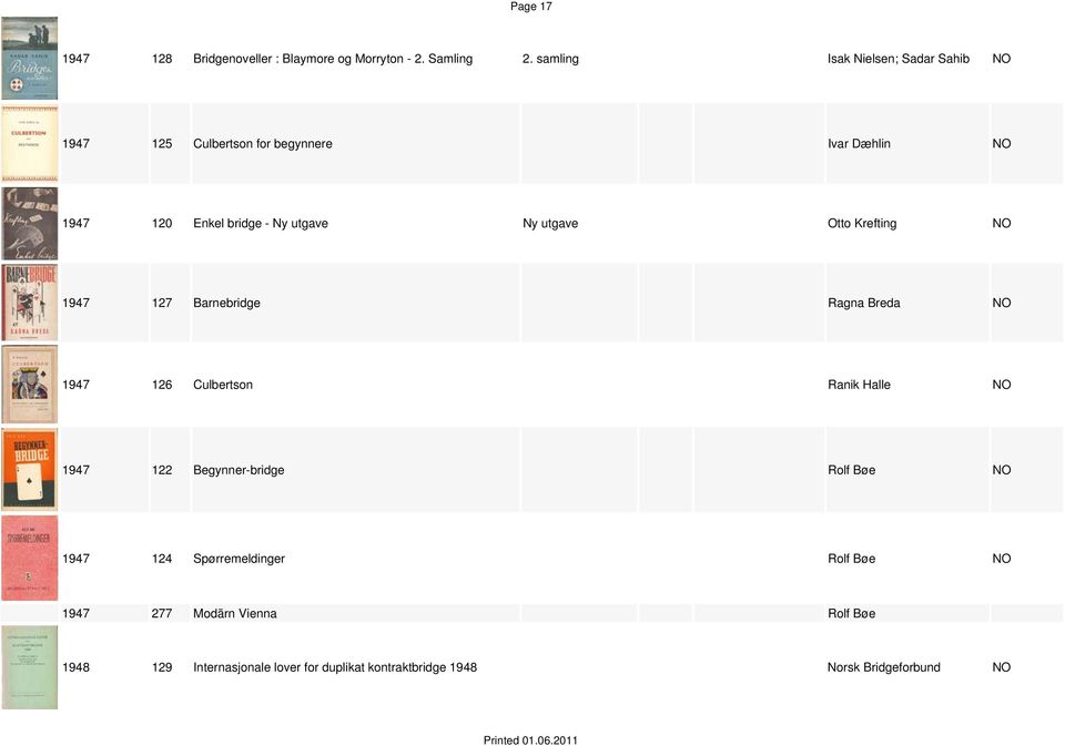 Ny utgave Otto Krefting 1947 127 Barnebridge Ragna Breda 1947 126 Culbertson Ranik Halle 1947 122 Begynner-bridge