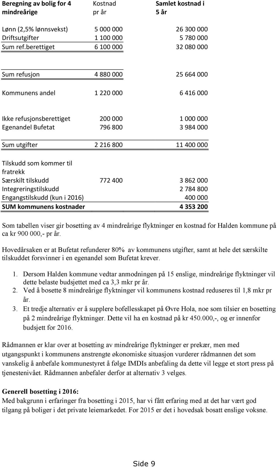 800 11 400 000 Tilskudd som kommer til fratrekk Særskilt tilskudd 772 400 3 862 000 Integreringstilskudd 2 784 800 Engangstilskudd (kun i 2016) 400 000 SUM kommunens kostnader 4 353 200 Som tabellen