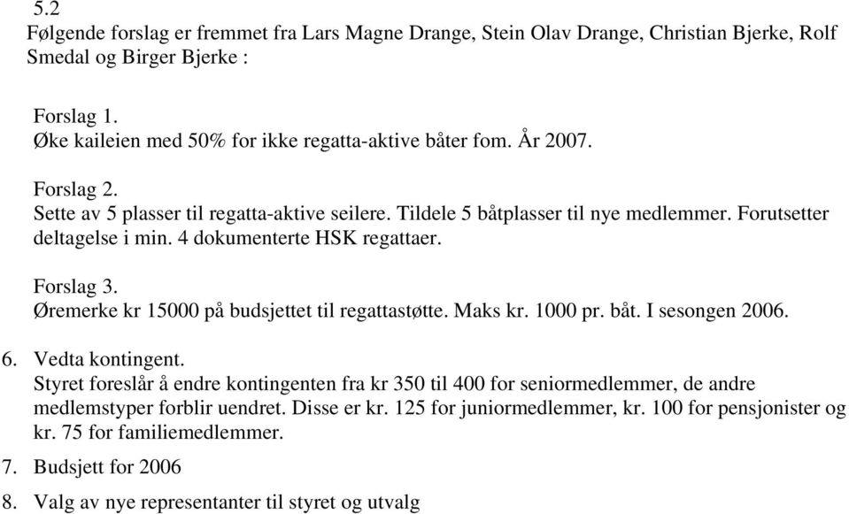 Øremerke kr 15000 på budsjettet til regattastøtte. Maks kr. 1000 pr. båt. I sesongen 2006. 6. Vedta kontingent.