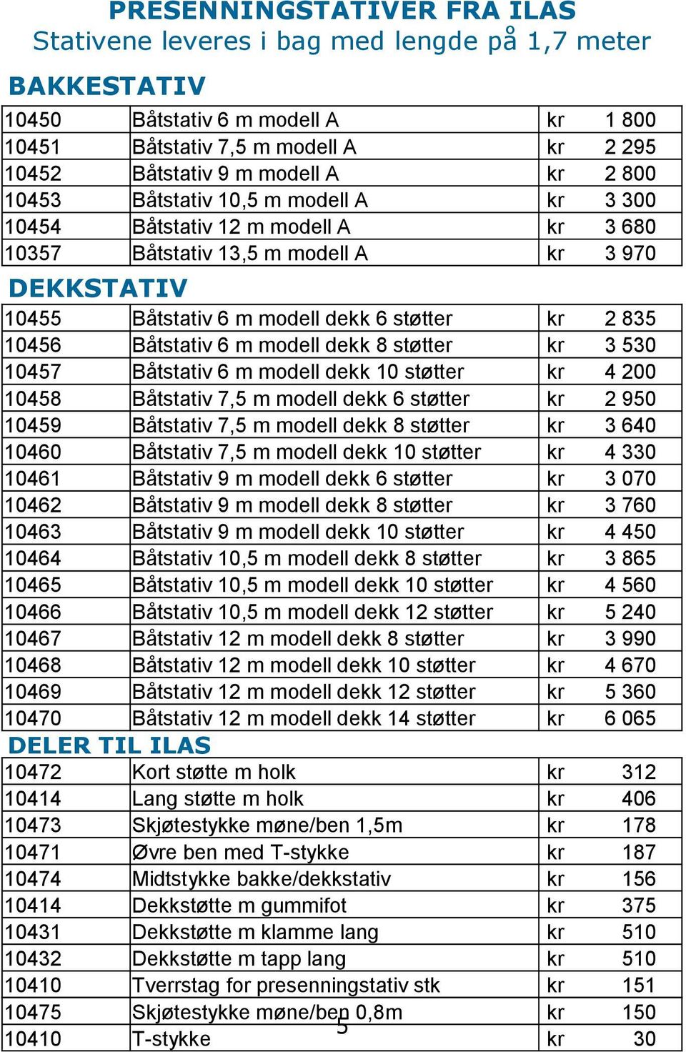 Båtstativ 6 m modell dekk 8 støtter kr 3 530 10457 Båtstativ 6 m modell dekk 10 støtter kr 4 200 10458 Båtstativ 7,5 m modell dekk 6 støtter kr 2 950 10459 Båtstativ 7,5 m modell dekk 8 støtter kr 3