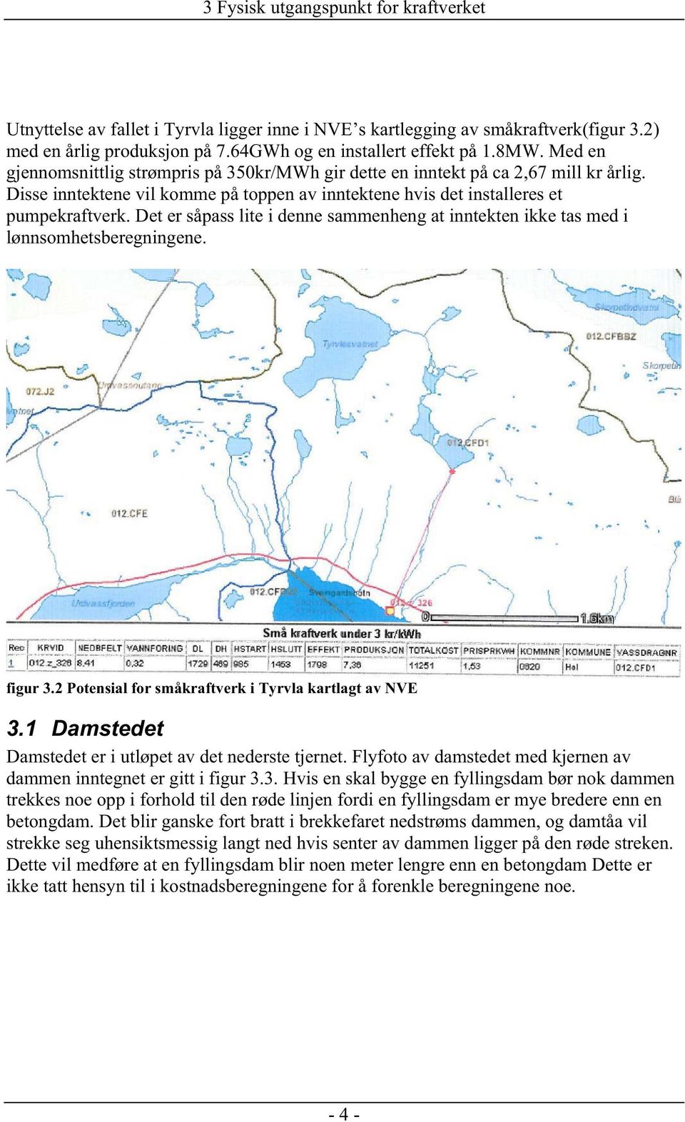 Det er såpass lite i denne sammenheng at inntekten ikke tas med i lønnsomhetsberegningene. figur 3.2 Potensial for småkraftverk i Tyrvla kartlagt av NVE 3.