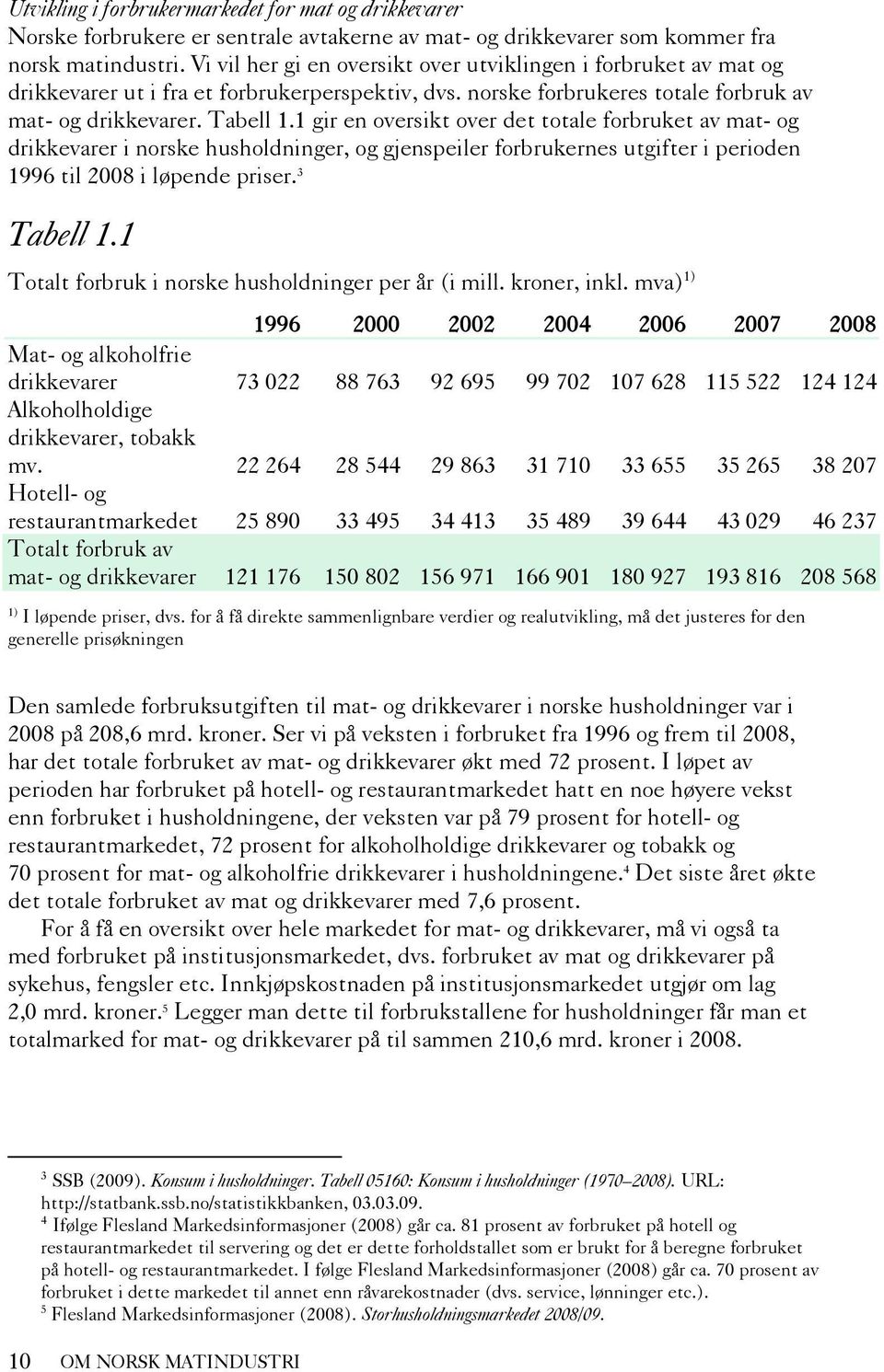 1 gir en oversikt over det totale forbruket av mat- og drikkevarer i norske husholdninger, og gjenspeiler forbrukernes utgifter i perioden 1996 til 2008 i løpende priser. 3 Tabell 1.