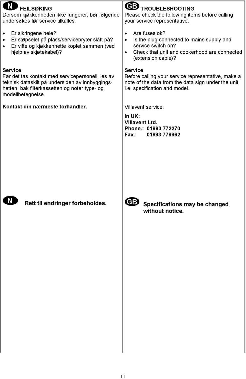 Service Før det tas kontakt med servicepersonell, les av teknisk dataskilt på undersiden av innbyggingshetten, bak filterkassetten og noter type- og modellbetegnelse. Kontakt din nærmeste forhandler.