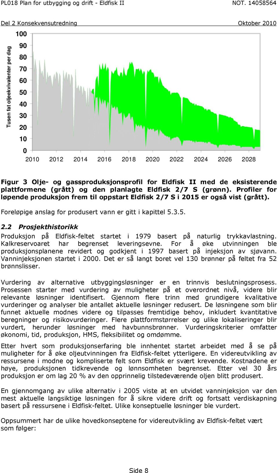 Foreløpige anslag for produsert vann er gitt i kapittel 5.3.5. 2.2 Prosjekthistorikk Produksjon på Eldfisk-feltet startet i 1979 basert på naturlig trykkavlastning.