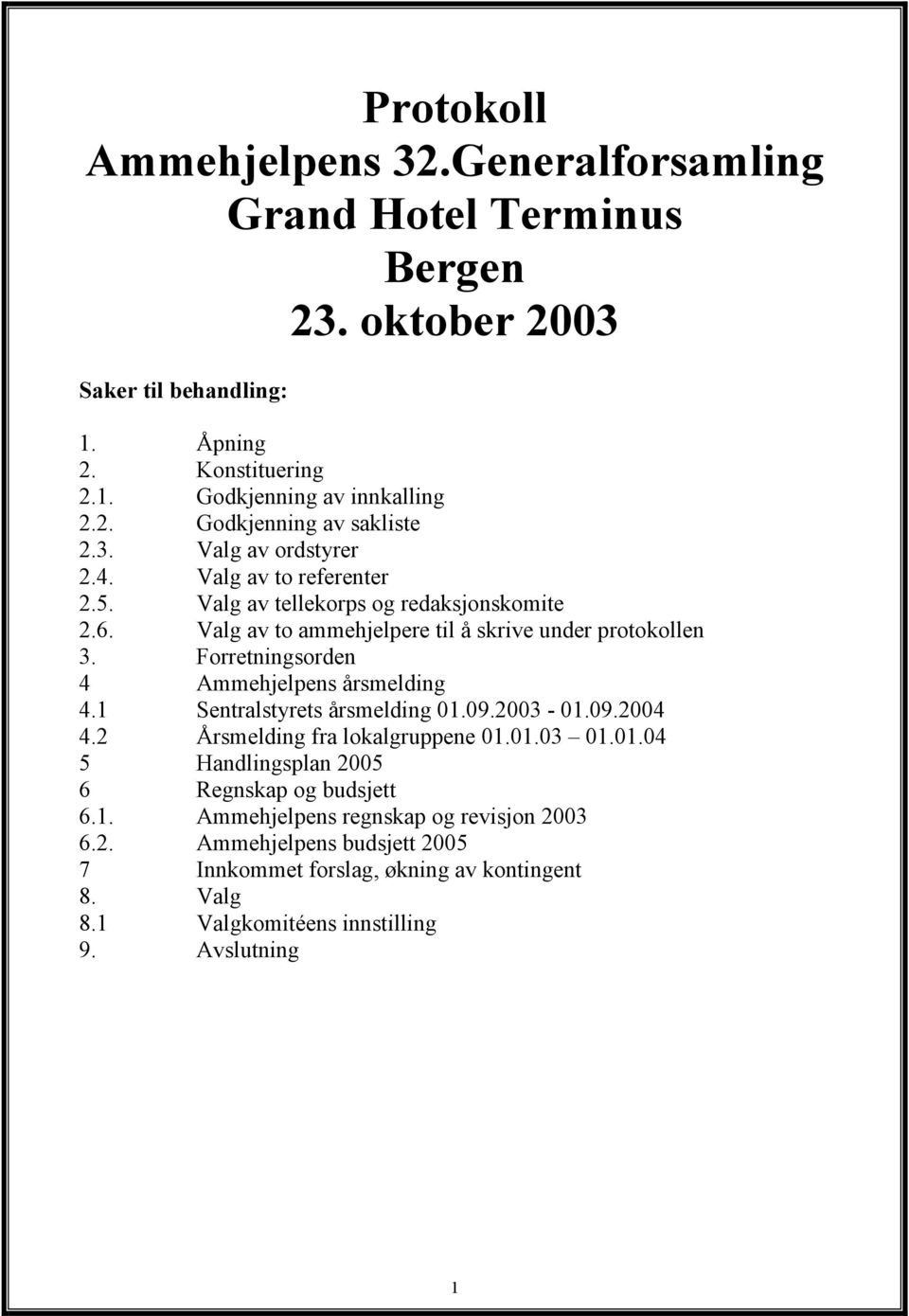 Forretningsorden 4 Ammehjelpens årsmelding 4.1 Sentralstyrets årsmelding 01.09.2003-01.09.2004 4.2 Årsmelding fra lokalgruppene 01.01.03 01.01.04 5 Handlingsplan 2005 6 Regnskap og budsjett 6.