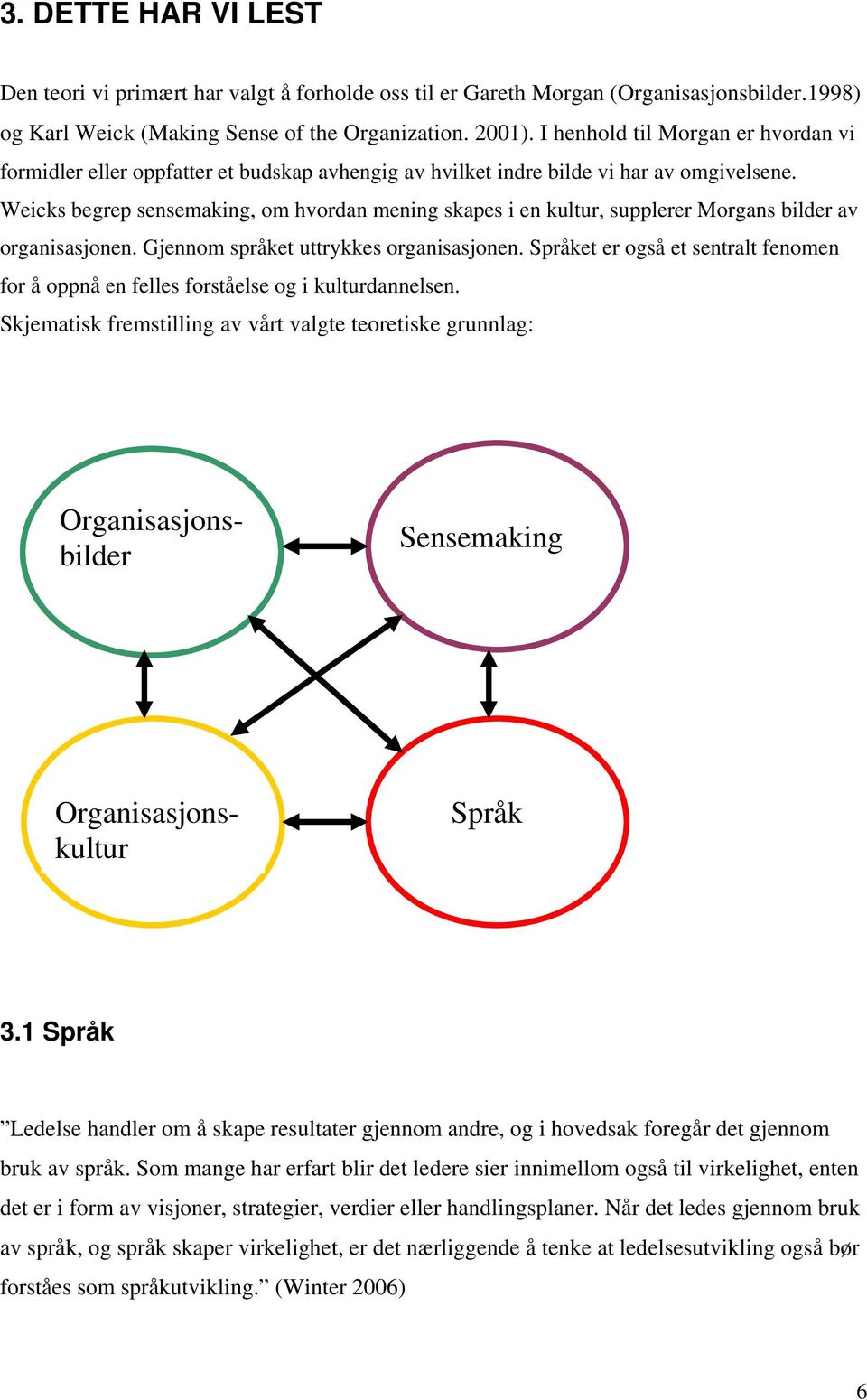 Weicks begrep sensemaking, om hvordan mening skapes i en kultur, supplerer Morgans bilder av organisasjonen. Gjennom språket uttrykkes organisasjonen.