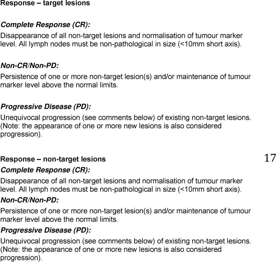 Progressive Disease (PD): Unequivocal progression (see comments below) of existing non-target lesions. (Note: the appearance of one or more new lesions is also considered progression).