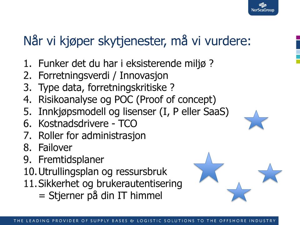 Risikoanalyse og POC (Proof of concept) 5. Innkjøpsmodell og lisenser (I, P eller SaaS) 6.