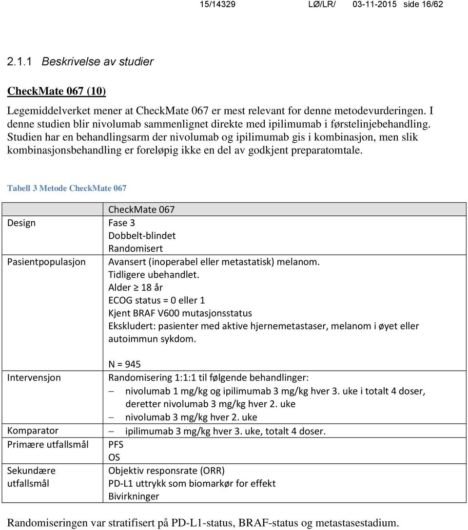 Studien har en behandlingsarm der nivolumab og ipilimumab gis i kombinasjon, men slik kombinasjonsbehandling er foreløpig ikke en del av godkjent preparatomtale.