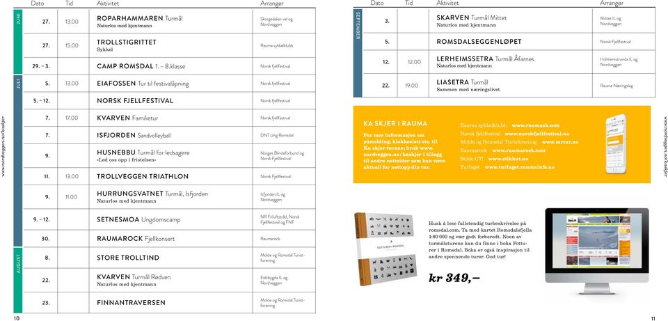 9.00 LIASETRA Turmål Sammen med næringslivet Rauma Næringslag.. NORSK FJELLFESTIVAL Norsk fjellfestival www.nordveggen.no/kaskjer 7. 7.00 KVARVEN Familietur Norsk fjellfestival 7.