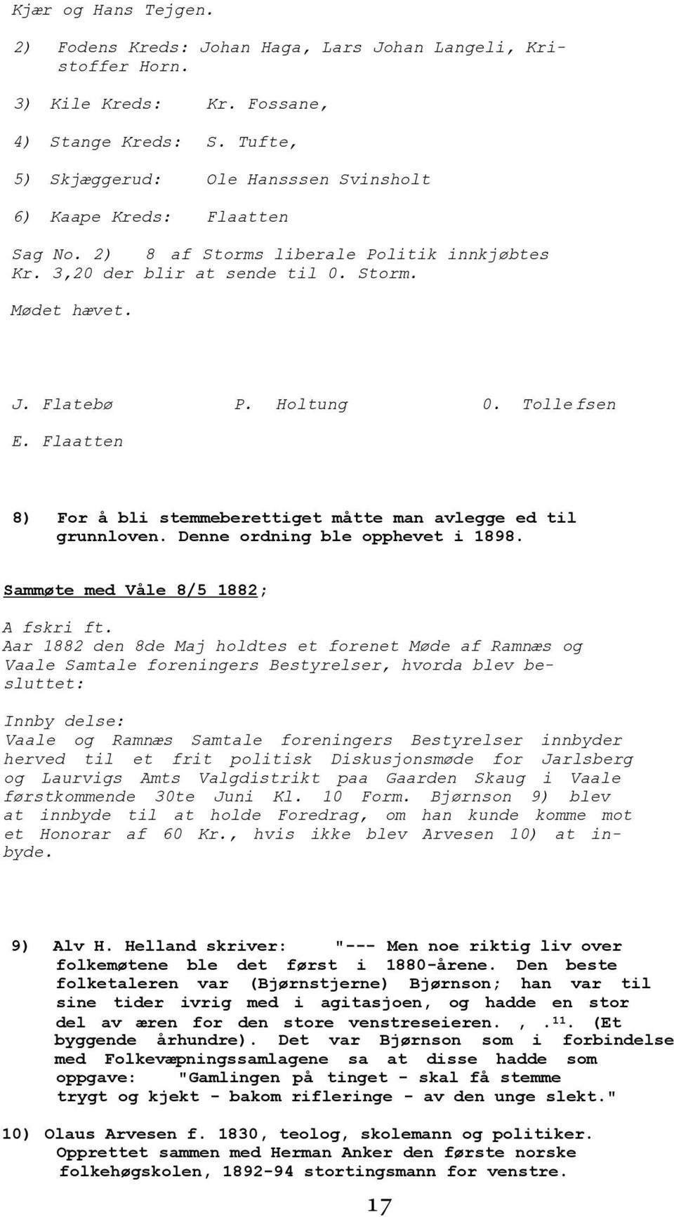 Tolle fsen E. Flaatten 8) For å bli stemmeberettiget måtte man avlegge ed til grunnloven. Denne ordning ble opphevet i 1898. Sammøte med Våle 8/5 1882; A fskri ft.