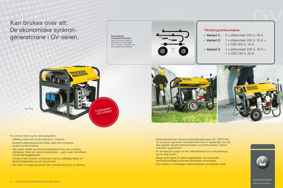 Tilkoblingsstikkontakter: Variant 1: 2 x stikkontakt V, 16 A Variant 2: 1 x stikkontakt V, 16 A + 1 x CEE 400 V, 16 A Variant 3: 1 x stikkontakt V, 16 A + 1 x CEE V, 32 A GV 2500 TILBEHØRET I