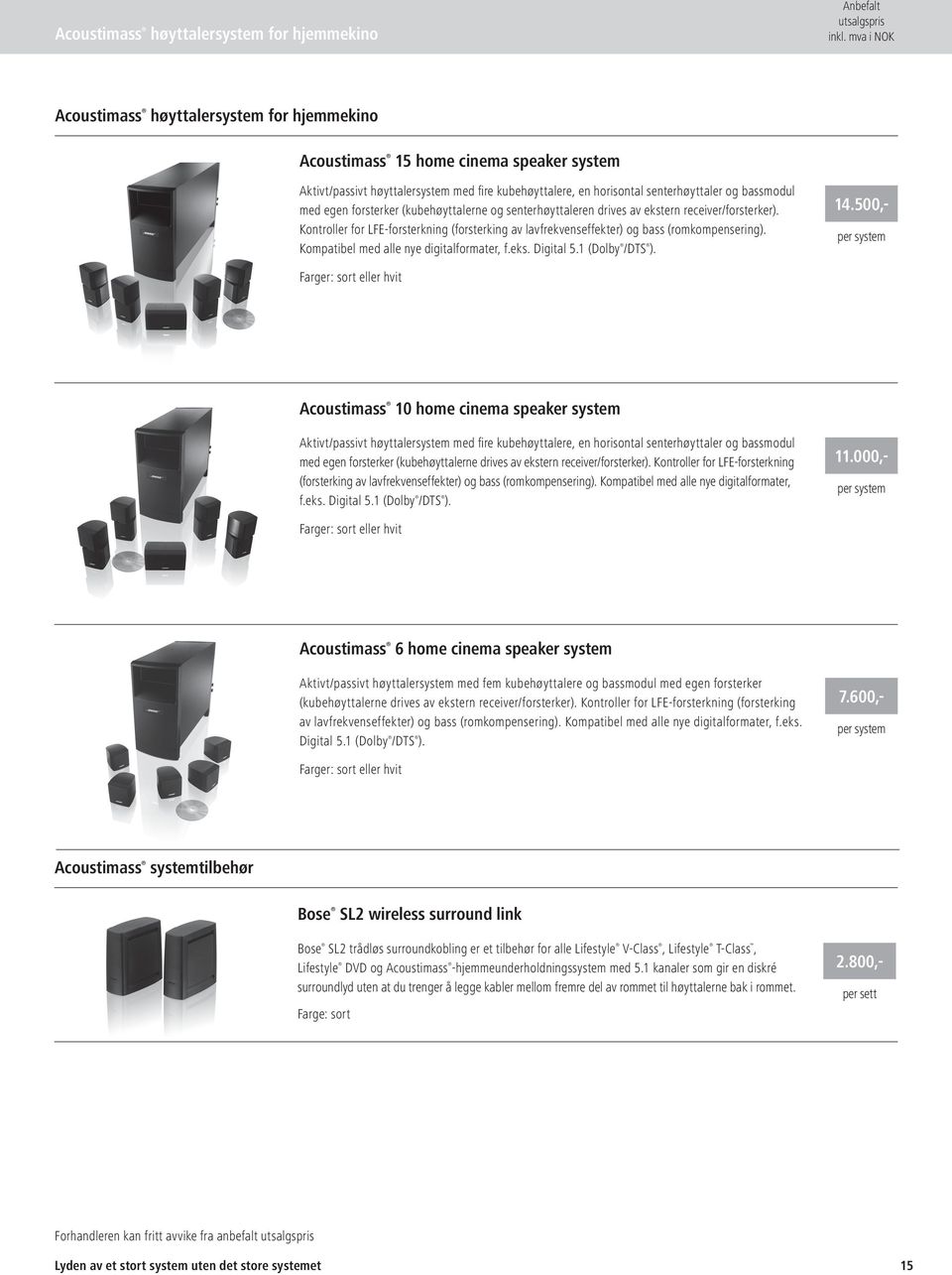 Kontroller for LFE-forsterkning (forsterking av lavfrekvenseffekter) og bass (romkompensering). Kompatibel med alle nye digitalformater, f.eks. Digital 5.1 (Dolby /DTS ).