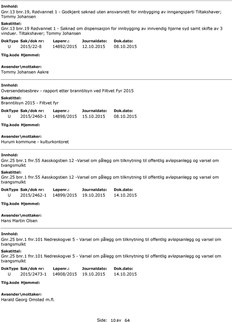 2015 Tommy Johansen Aakre Oversendelsesbrev - rapport etter branntilsyn ved Filtvet Fyr 2015 Branntilsyn 2015 - Filtvet fyr 2015/2460-1 14898/2015 08.10.2015 Hurum kommune - kulturkontoret Gnr.25 bnr.