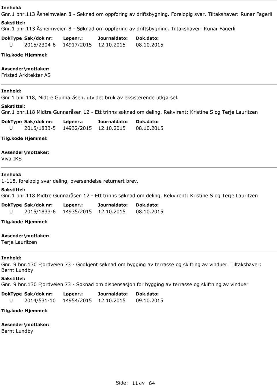 Rekvirent: Kristine S og Terje Lauritzen 2015/1833-5 14932/2015 08.10.2015 Viva KS 1-118, foreløpig svar deling, oversendelse returnert brev. Gnr.1 bnr.