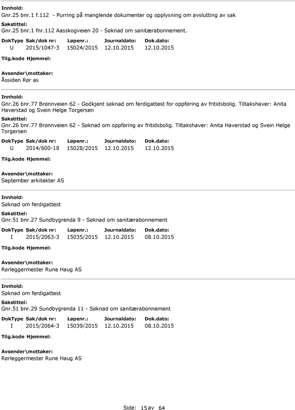 Tiltakshaver: Anita Haverstad og Svein Helge Torgersen 2014/600-18 15028/2015 September arkitekter AS Søknad om ferdigattest Gnr.51 bnr.