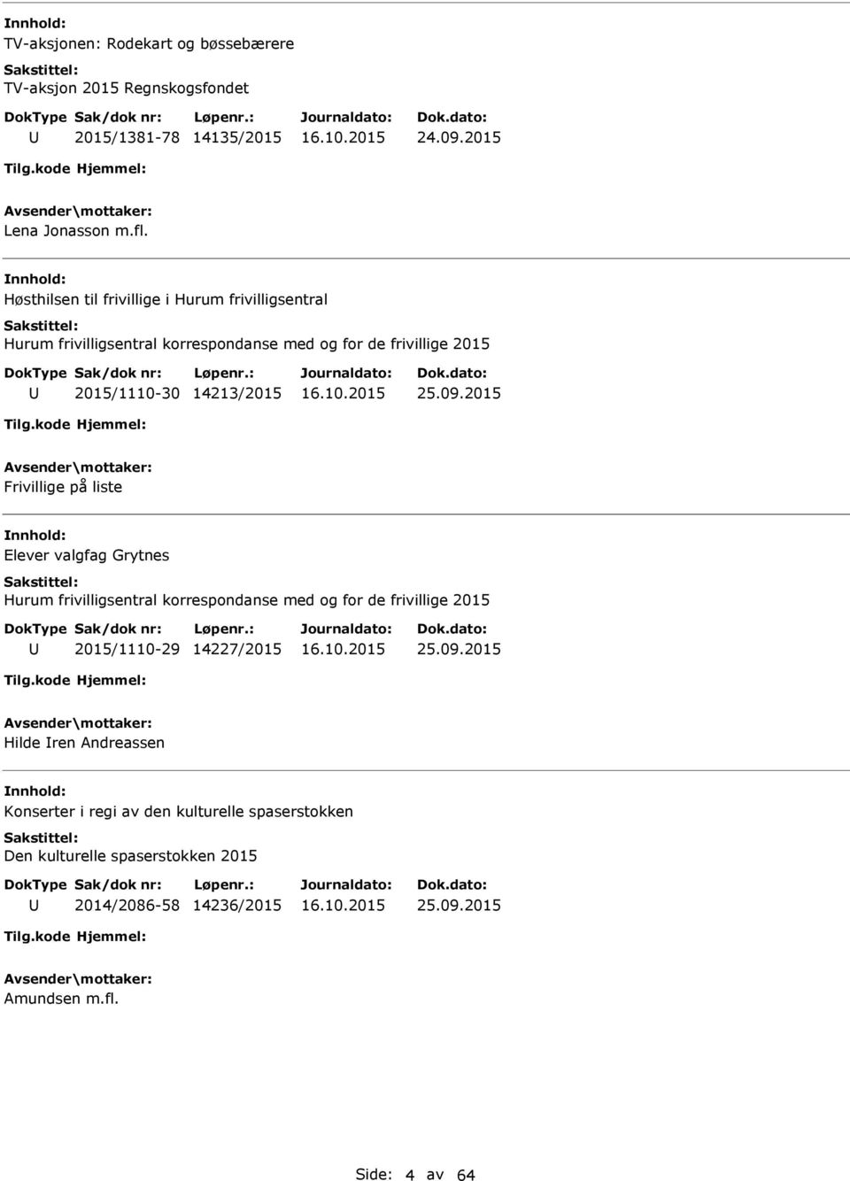 09.2015 Frivillige på liste Elever valgfag Grytnes Hurum frivilligsentral korrespondanse med og for de frivillige 2015 2015/1110-29 14227/2015 25.