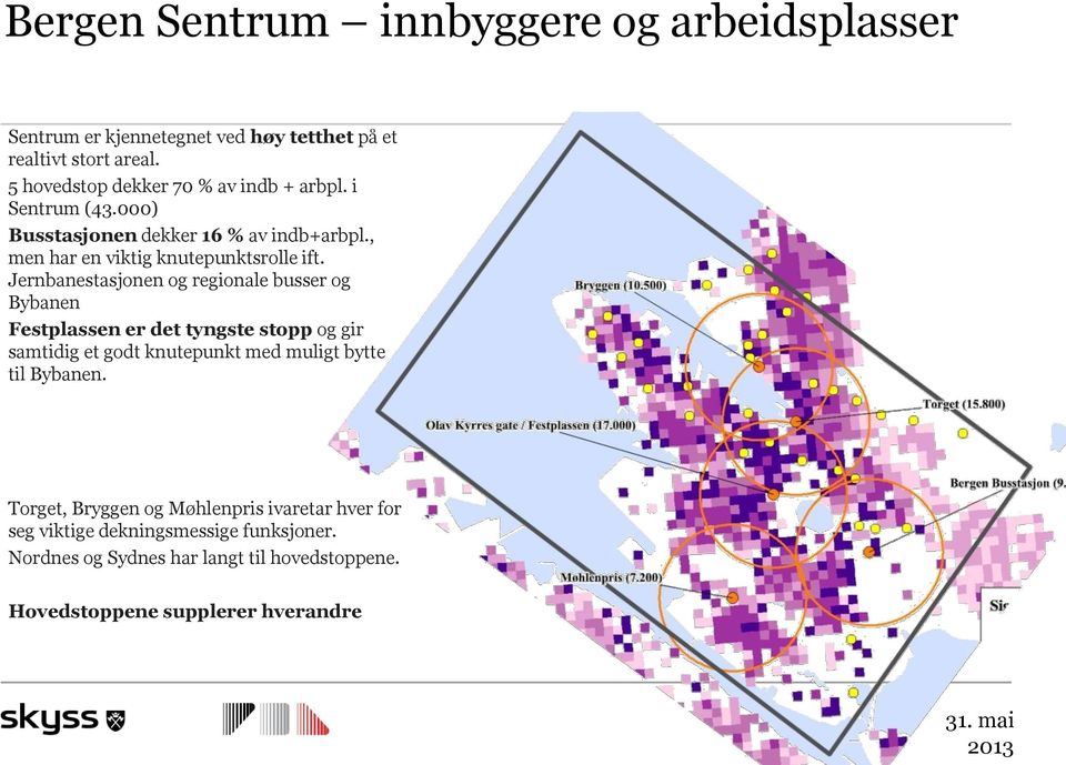 Jernbanestasjonen og regionale busser og Bybanen Festplassen er det tyngste stopp og gir samtidig et godt knutepunkt med muligt bytte til