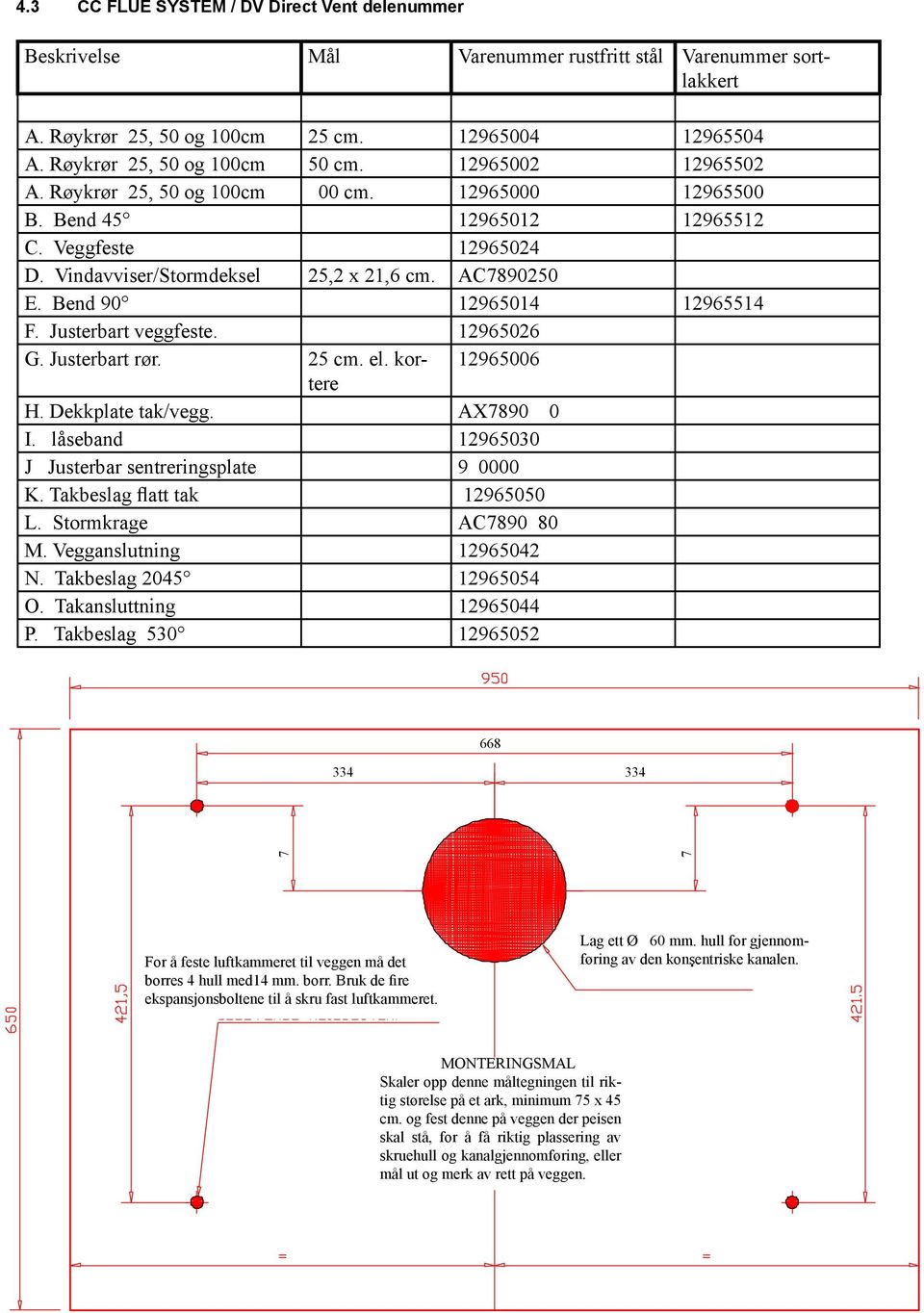 Bend 90 12965014 12965514 F. Justerbart veggfeste. 12965026 G. Justerbart rør. 25 cm. el. kortere 12965006 H. Dekkplate tak/vegg. AX78900 I. låseband 12965030 J Justerbar sentreringsplate 90000 K.