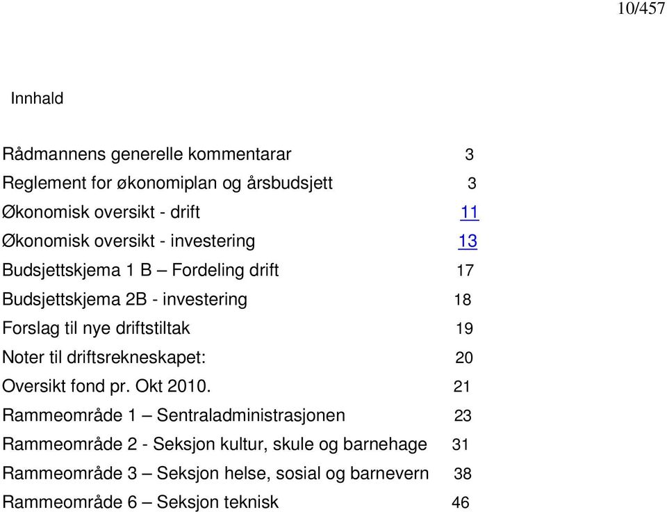 driftstiltak 19 Noter til driftsrekneskapet: 20 Oversikt fond pr. Okt 2010.