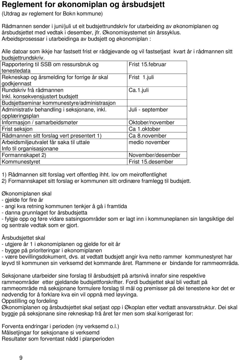 Arbeidsprosessar i utarbeidinga av budsjett og økonomiplan : Alle datoar som ikkje har fastsett frist er rådgjevande og vil fastsetjast kvart år i rådmannen sitt budsjettrundskriv.