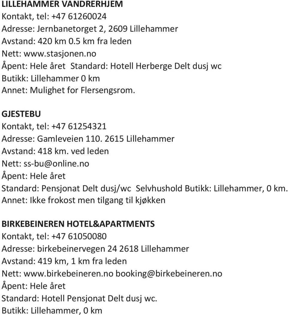 2615 Lillehammer Avstand: 418 km. ved leden Nett: ss-bu@online.no Standard: Pensjonat Delt dusj/wc Selvhushold Butikk: Lillehammer, 0 km.