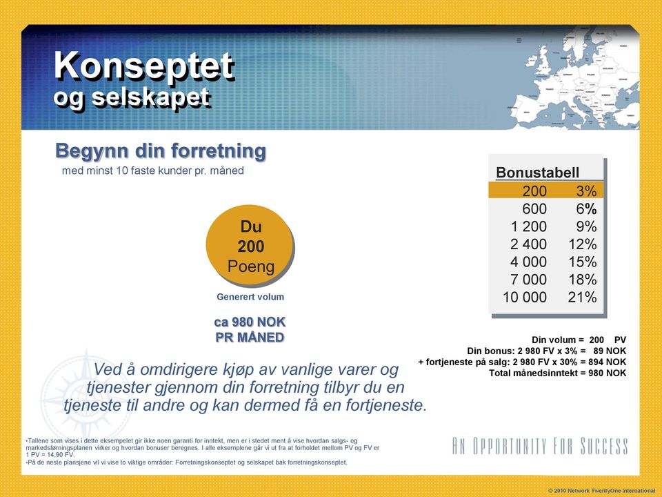 Bonustabell 200 3% 600 6% 1 200 9% 2 400 12% 4 000 15% 7 000 18% 10 000 21% Din volum = 200 PV Din bonus: 2 980 FV x 3% = 89 NOK + fortjeneste på salg: 2 980 FV x 30% = 894 NOK Total månedsinntekt =