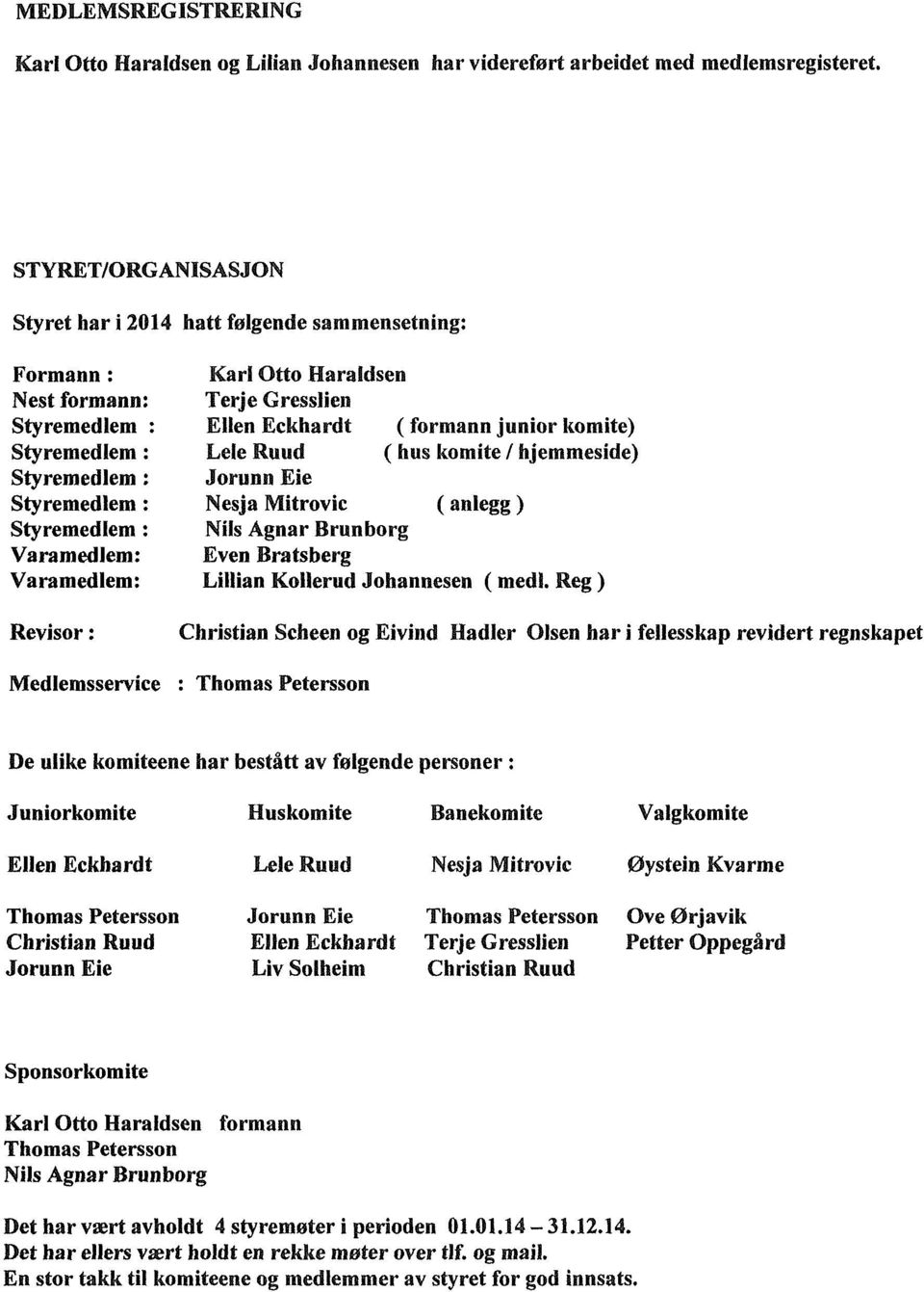 Haraldsen Terje Gresslien Ellen Eckhardt (formann junior komite) Leie Ruud (hus komite / hjemmeside) Jorunn Eie Nesja Mitrovic (anlegg) Nils Agnar Brunborg Even Bratsberg Lillian Kollerud Johannesen