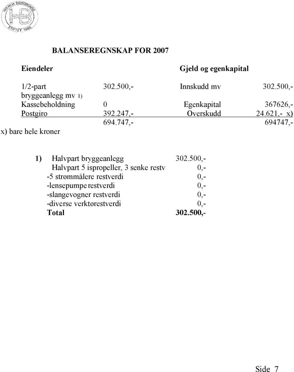 747,- 694747,- x) bare hele kroner 1) Halvpart bryggeanlegg 302.