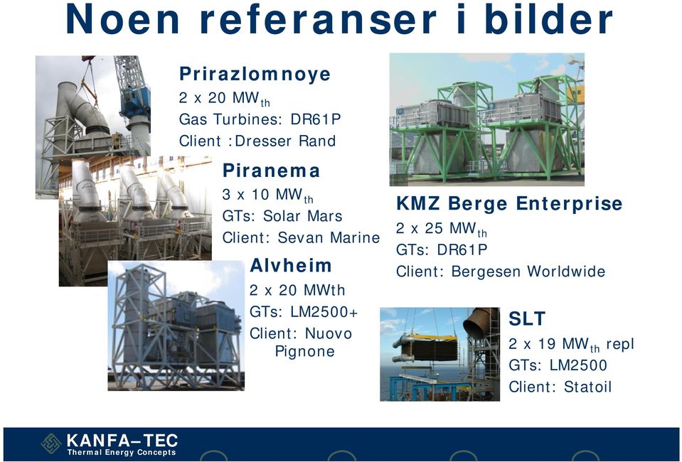 2 x 20 MWth GTs: LM2500+ Client: Nuovo Pignone KMZ Berge Enterprise 2 x 25 MW th